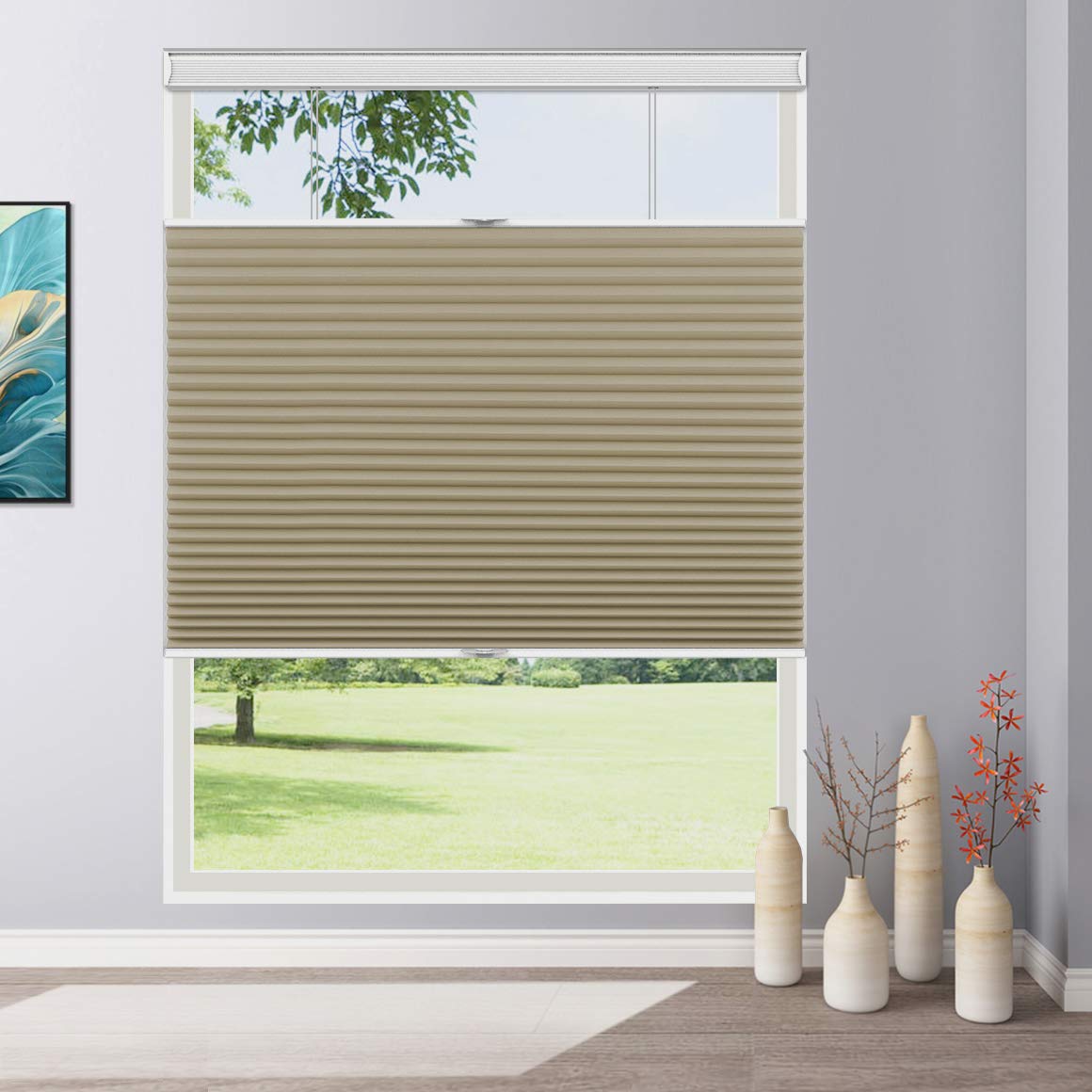 Keego Window Blinds Blackout Top Down Cellular Shades Cordless, Cut to Size Shades and Blinds for Doors Bedroom Living Room Window, Wheat-Backside in White, Any Size 24-48 Wide and 24-78 High
