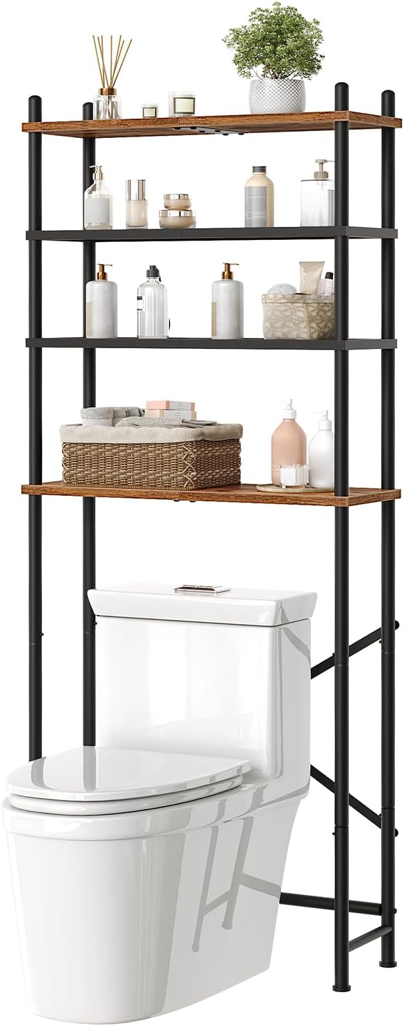 HOOBRO Over The Toilet Storage, 4-Tier Over Toilet Bathroom Organizer, Freestanding Above Toilet Shelf with Adjustable Feet, Space Saving, Easy to Assemble, Rustic Brown and Black BF64TS01