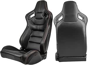 Universal Racing Seats, Adjustable Reclining Bucket Seats with Dual Slider, PU & Carbon Leather Sport Seat for Driver and Passenger Side, 1 Pair, Black with Orange Stitch