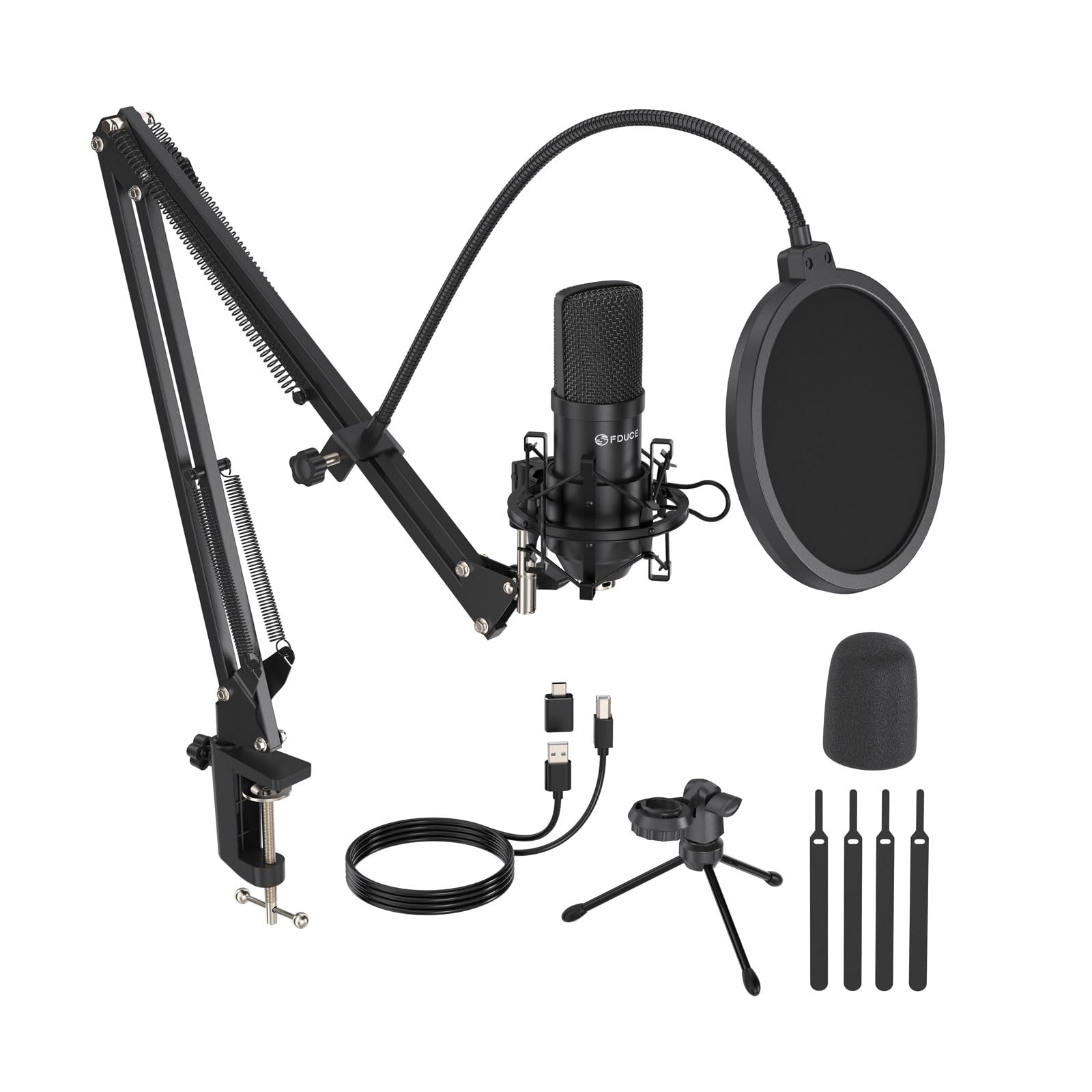 FDUCE Condenser USB Microphone PC Metal Microphone Kit with Adjustable Cantilever Stand Shock Mount Desktop Stand for Instrument Dubbing, Recording, Podcasting, YouTube Vocals, Game Streaming (MC88)