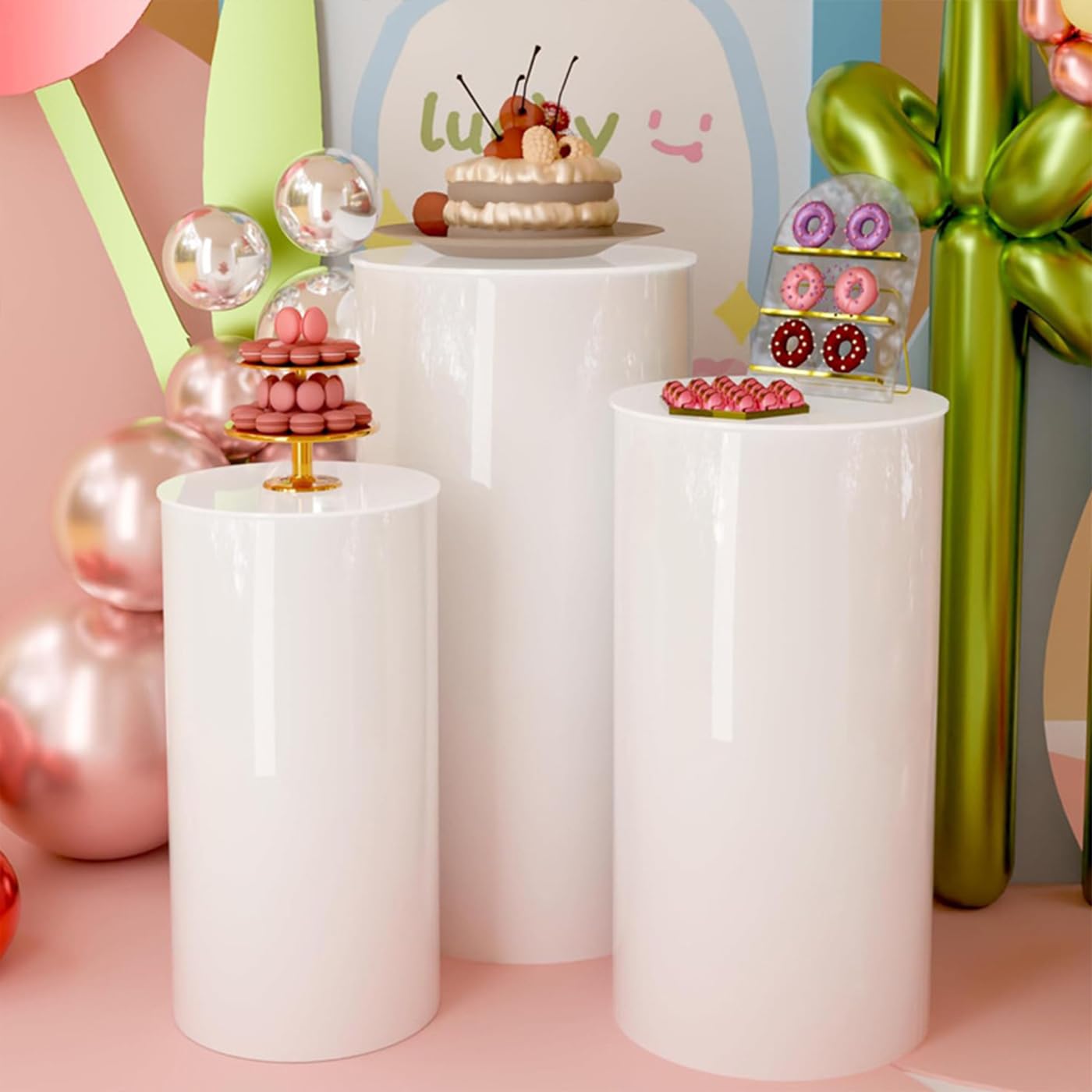 CHPOFLE 3Pcs White Cylinder Pedestal Stands for Party, PVC Column Pedestal Display Stands Thickened Acrylic Column Tables Round Display Plinth Pillars for Birthday, Wedding, Event