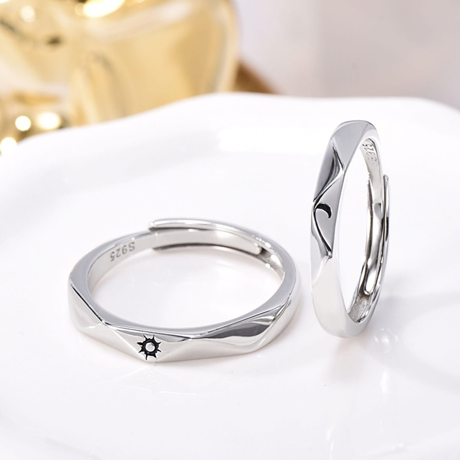 Anillo Plata de Ley Aniversario Pareja Grabado Personalizado, Sol y Luna, Anillos Mujer Plata Ajustables de Boda