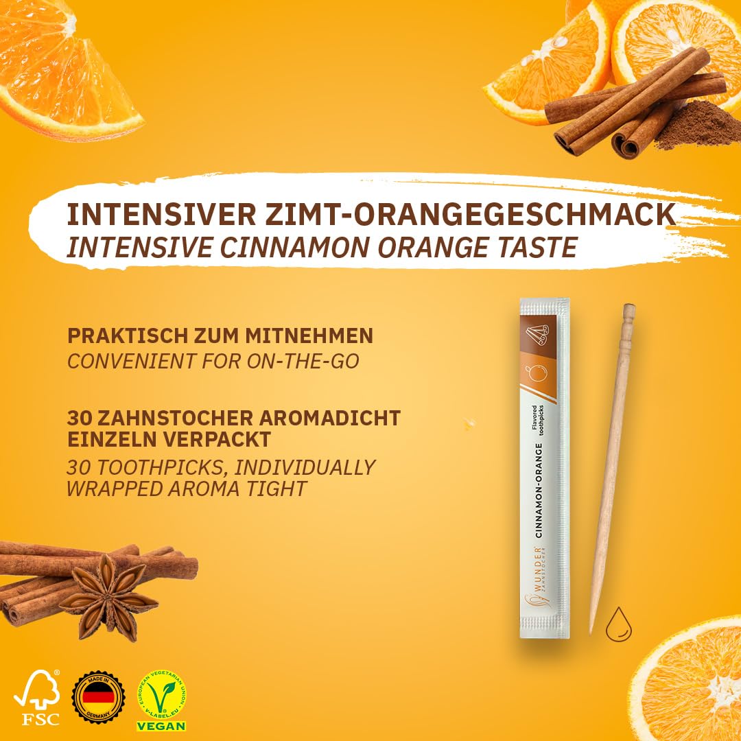 Wunder palillos de dientes con sabor - 30x palillos de dientes empaquetados individualmente - Aliento fresco - Palillos de dientes individuales con sabor (cinnamon-orange)