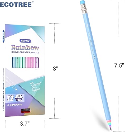 Miniatura 9 de ECOTREE Lápices #2 HB Lápices preafilados número 2, lápices arco iris, lápices reciclados, lápices ecológicos con borradores, paquete de 24