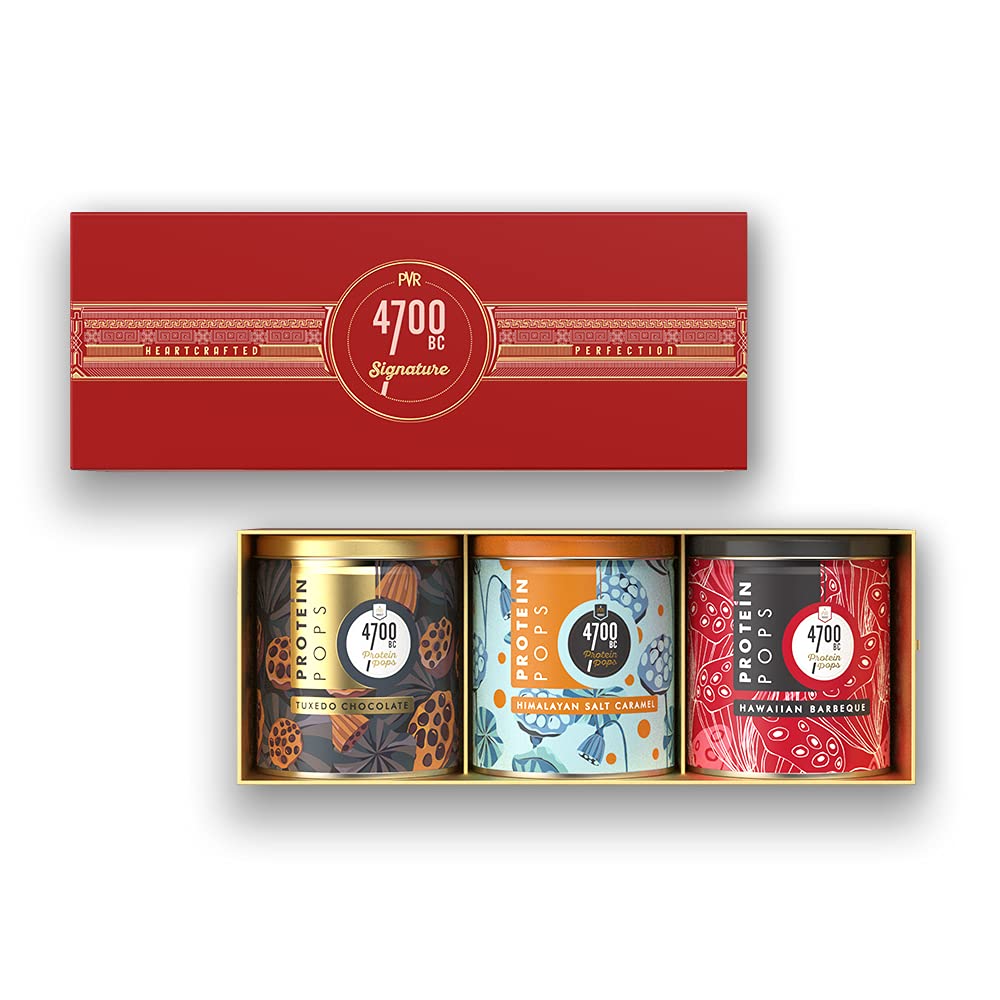 4700BC Protein Pops, Festive Gift Box, 400g, (3 Tins: 1 Tuxedo Chocolate, 1 Himalayan Salt Caramel and 1 Hawaiian BBQ), Red