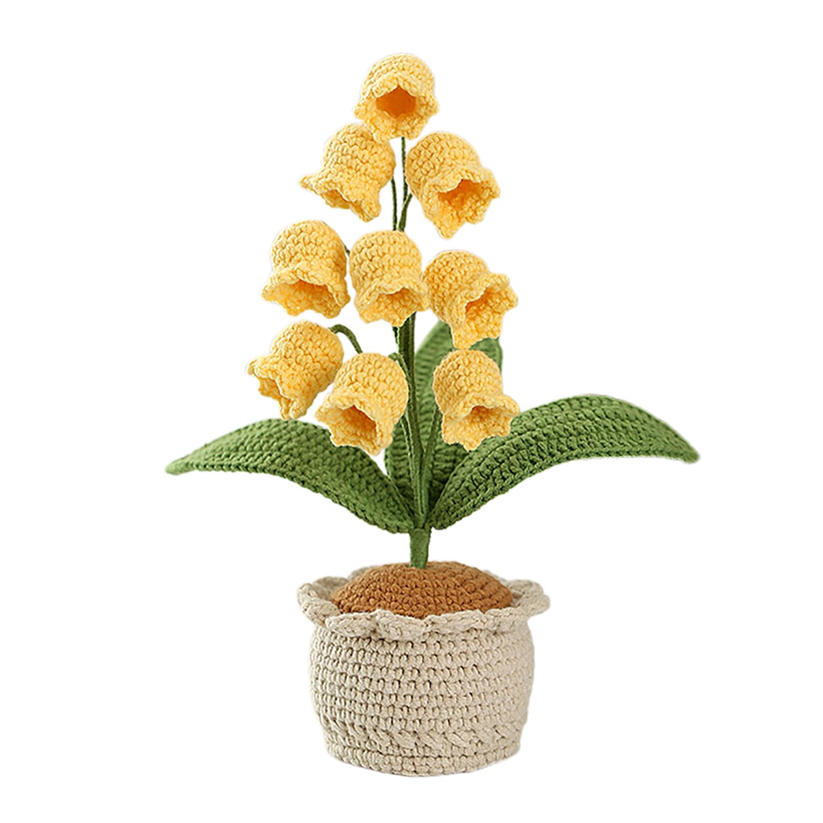 Pcscevcr Crochet Lilies of The Valley Potted, 20 cm Knitted Artificial Flowers Small Bonsai Plants, Gifts to Mother Kids, for Home Office Table Decor (Yellow)