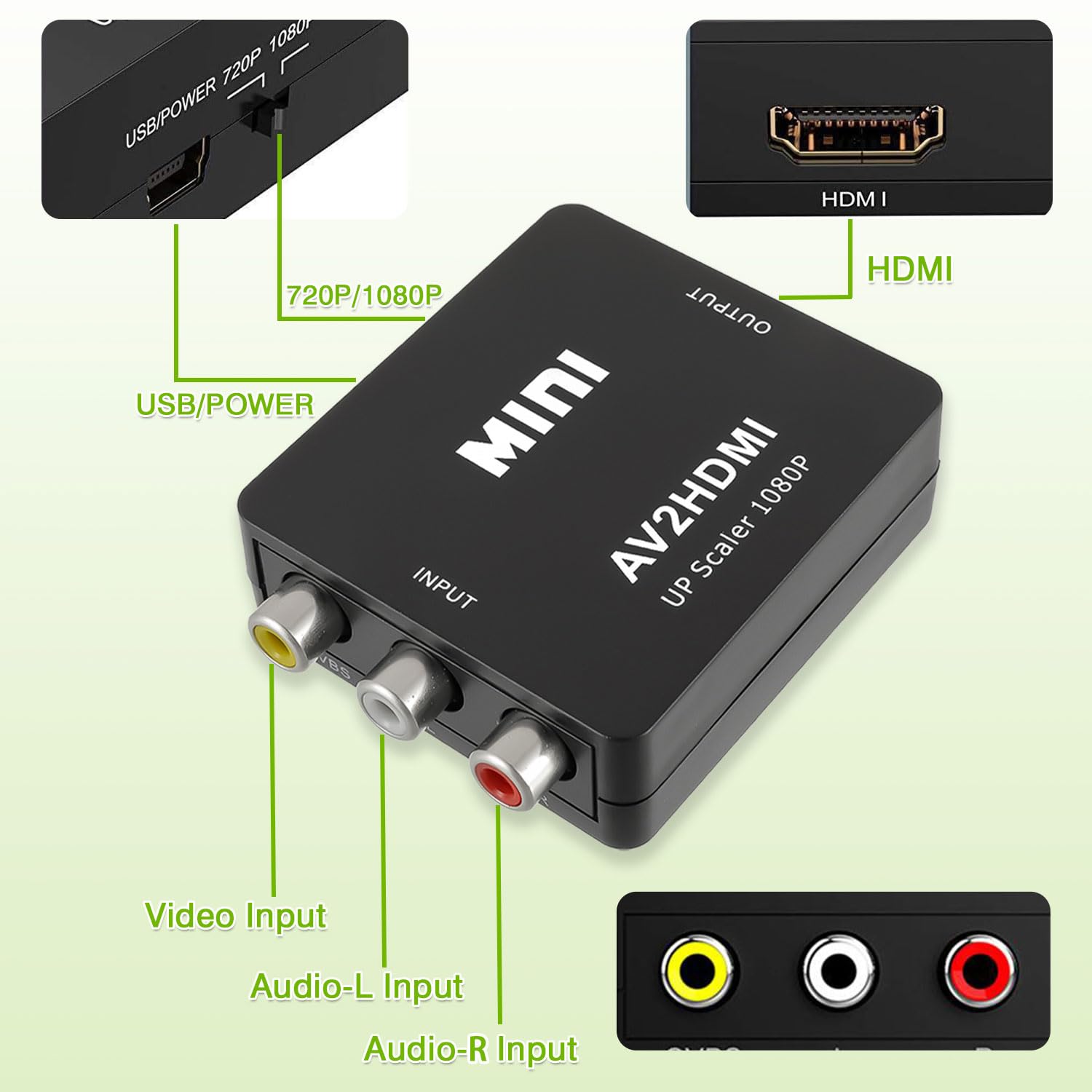 Konwerter RCA na HDMI 1080P Mini Composite CVBS Audio Video PAL/NTSC USB Czarny