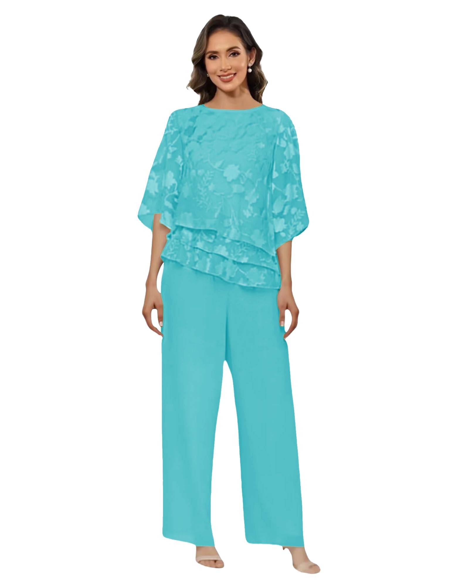 Mother of The Bride Pant Suits - 2 Pieces Floral Lace Formal Wedding Jumpsuits for Women Dressy