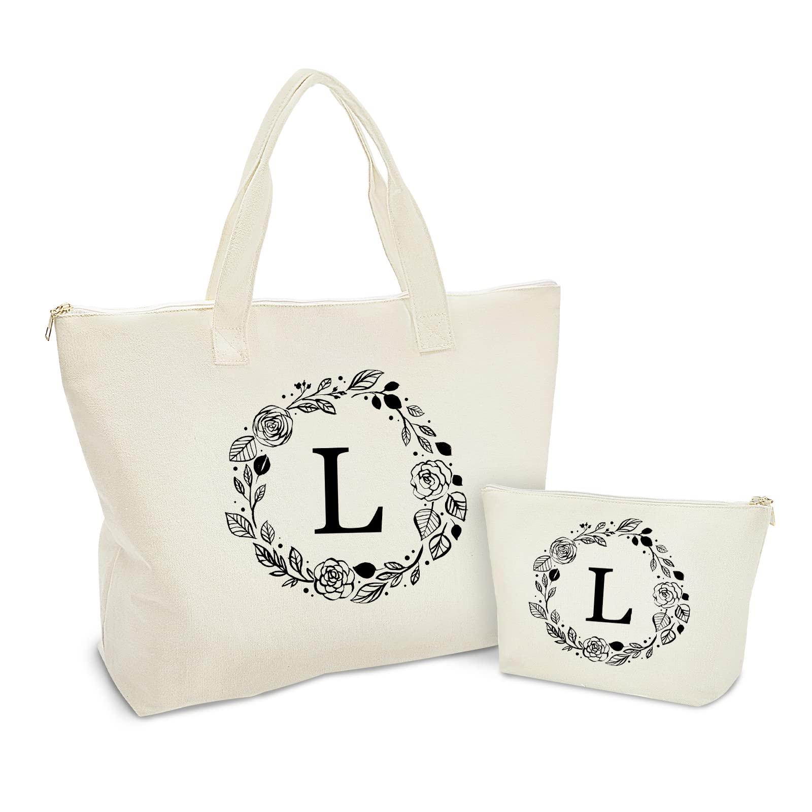 Personalized Initial Canvas Tote Bag with Zipper, Present Bag with Inner Pocket & Make Up Bag, Great Gifts for Women, Mom, Teachers, Friends, Bridesmaids