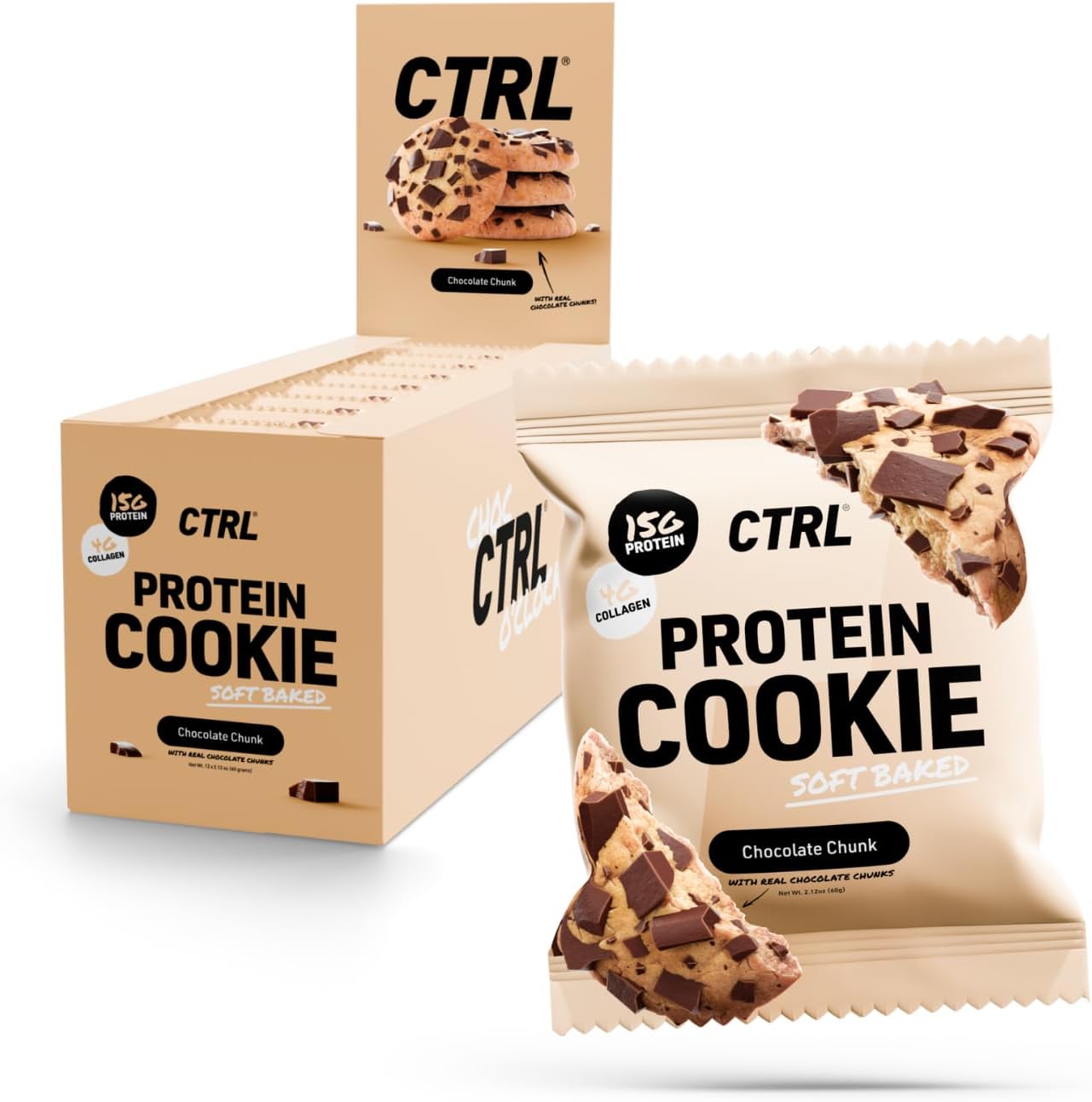 CTRL Chocolate Chunk Protein Cookies - Soft Baked Cookies with Real Chocolate Chunks - 15g Protein, 4g Collagen & Fiber - Protein Snack for Active Lifestyles (12 Pack)