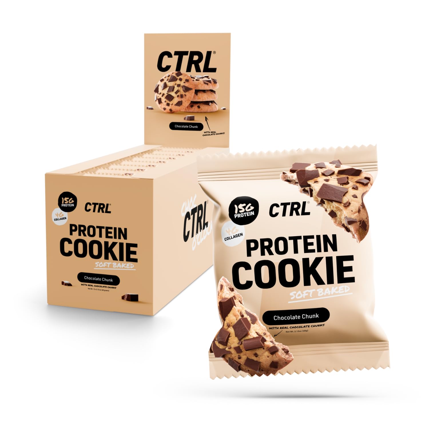CTRL Chocolate Chunk Protein Cookies - Soft Baked Cookies with Real Chocolate Chunks - 15g Protein, 4g Collagen & Fiber - Protein Snack for Active Lifestyles (12 Pack)