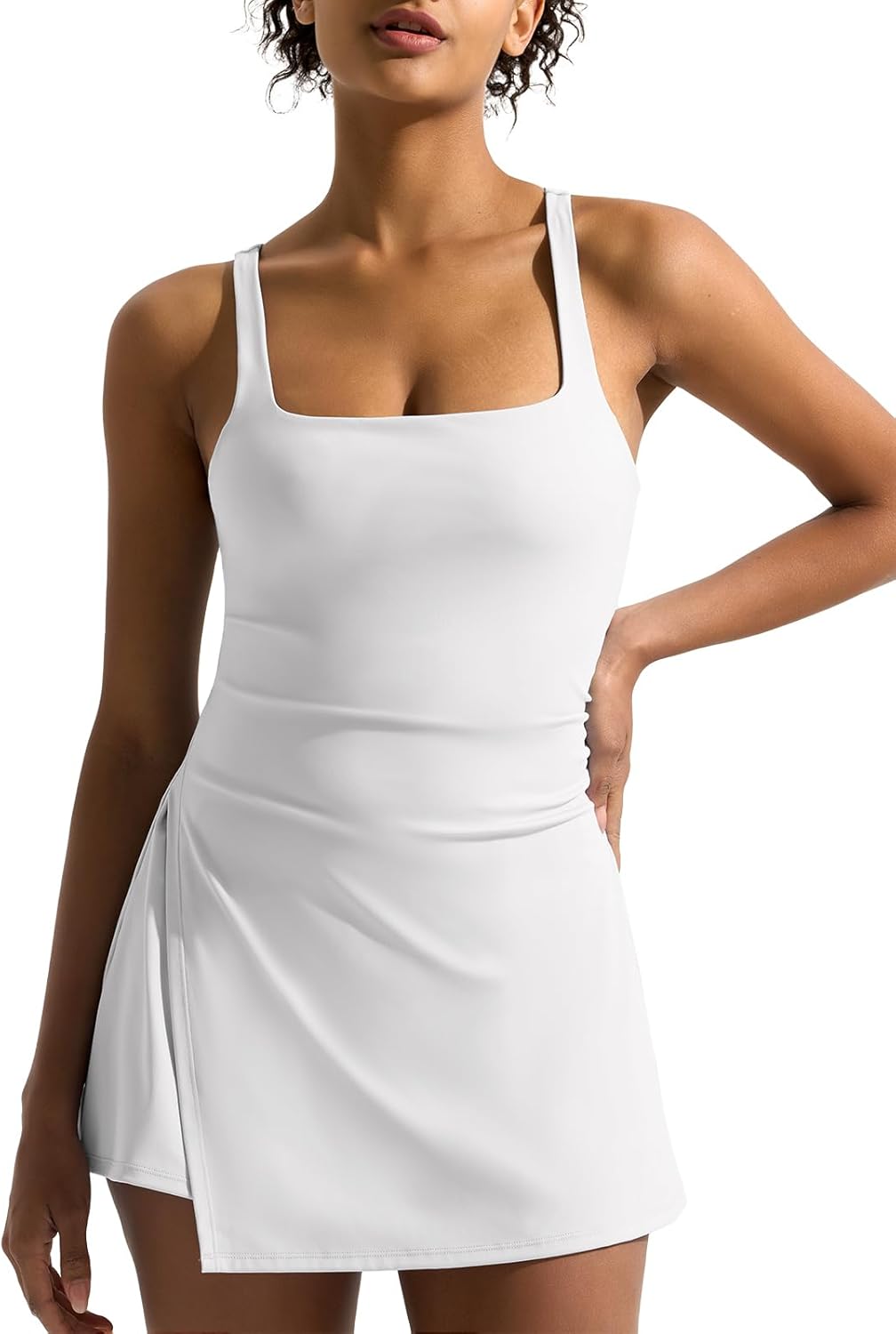 Dokuritu Womens Tennis Dress Built in Shorts Sleeveless Square Neck Golf Workout Athletic Dresses Pockets