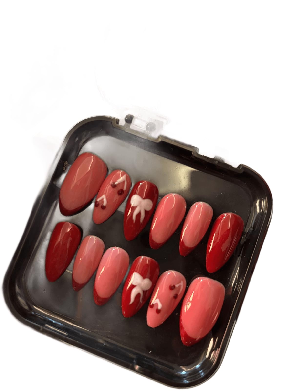 Glossy Cherry and Bow Design Press on Nails | Almond Shape False Nails with Storage Case, Red & Pink French Tip Manicure for Women and Girls. (Set of 10)-image-38