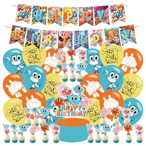 The Amazing World of Gumball Birthday Party Supplies Set Happy Birthday Banner, Cake Topper, Cupcake Toppers, Balloons for Gumball Kids Party Decorations