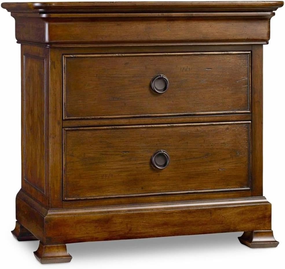 BOWERY HILL 2-Drawer Nightstand, 30" H x 32" W x 18" D, Rubberwood and Pecky Pecan Veneers, Pecan Finish, Bronze Ring Pulls, Traditional Formal Style, Bedroom Nightstand with Cord Clip and Touch