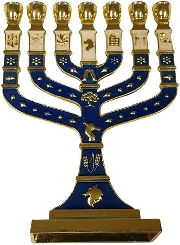 Bethlehem Gifts TM Jerusalem Temple Menorah 7 Branch Metal Candle Holder 12 Tribes of Israel 4.7" Gold/Blue