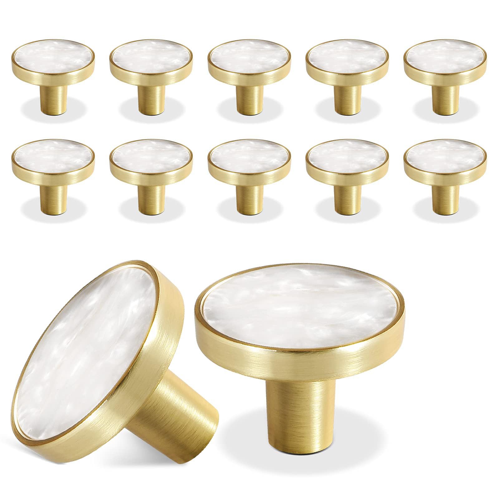 Tazweeq 12 Pack Gold Knobs for Dresser Drawers, Pulls Cabinet Drawer Dresser Knobs, Brass Dresser Knobs Round Cabinet Knobs for Kitchen Cabinet Cupboard Door Decorative Furniture Hardware, White