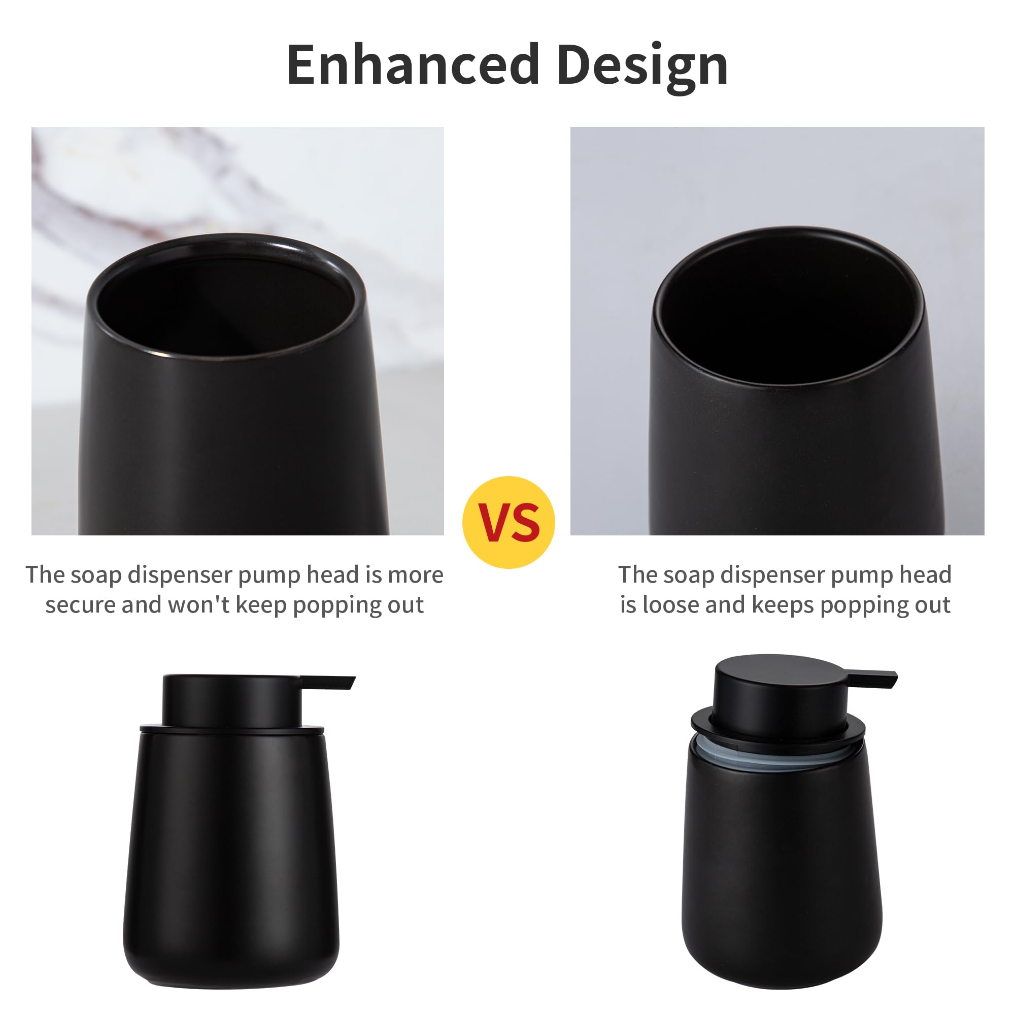 Enra Dispensador de jabón negro, dispensador de loción de manos de cerámica de 12 onzas, dispensador de jabón para platos recargable, dispensador de jabón líquido moderno para baño, cocina con bomba