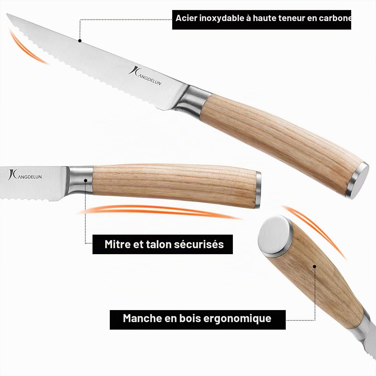 kangdelun Série Natura Ensemble de 6 couteaux à steak dentelés de 11,5 cm, en acier inoxydable à haute teneur en carbone, manche en bois couleur bois naturel