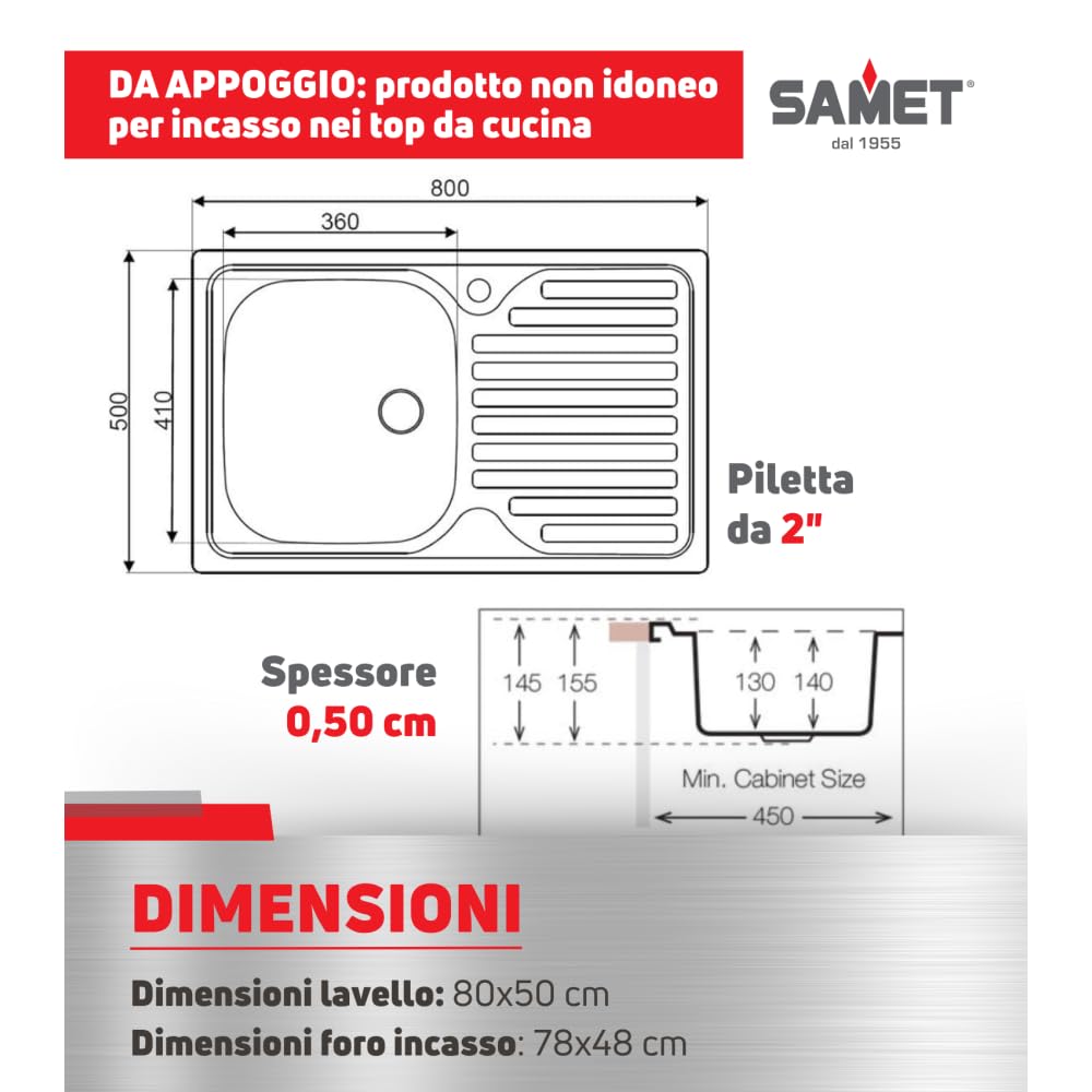Lavello appoggio acciaio inox 80x50 cm una vasca e gocciolatoio destro SA216