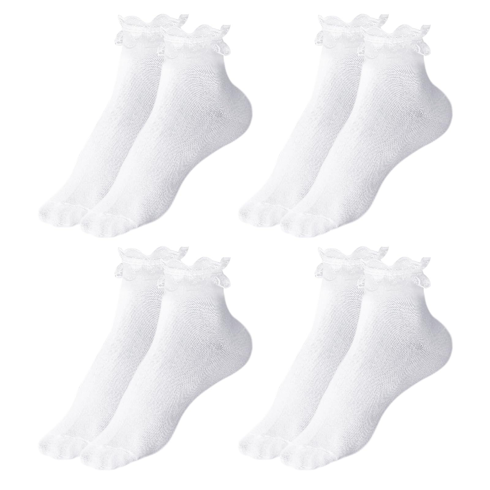 Uilyniu Women's White 4 Pairs Lace Socks Ankle Socks Ruffle Socks Frilly Socks Elegant Cute Socks Princess Socks Lace Ankle Socks Cotton Socks Ballet Socks For Girls (White)