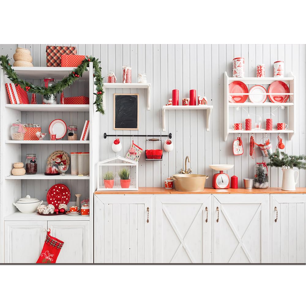 VOUORON7x5ft Christmas Kitchen Backdrop Indoor Christmas White Kitchen Photography Background New Year Family Party Decoration
