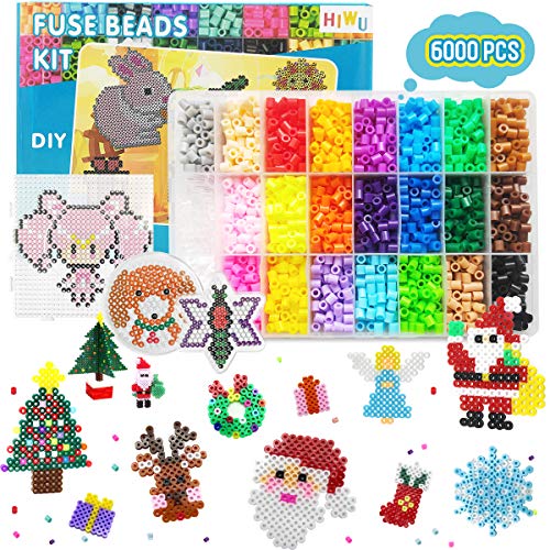 6000 PCS Fuse Beads for Kids Crafts Ironing Beads Kit with 6 Pegboards, 5 Ironing Paper, 3 Tweezers, 60 Patterns and Keychains Accessories