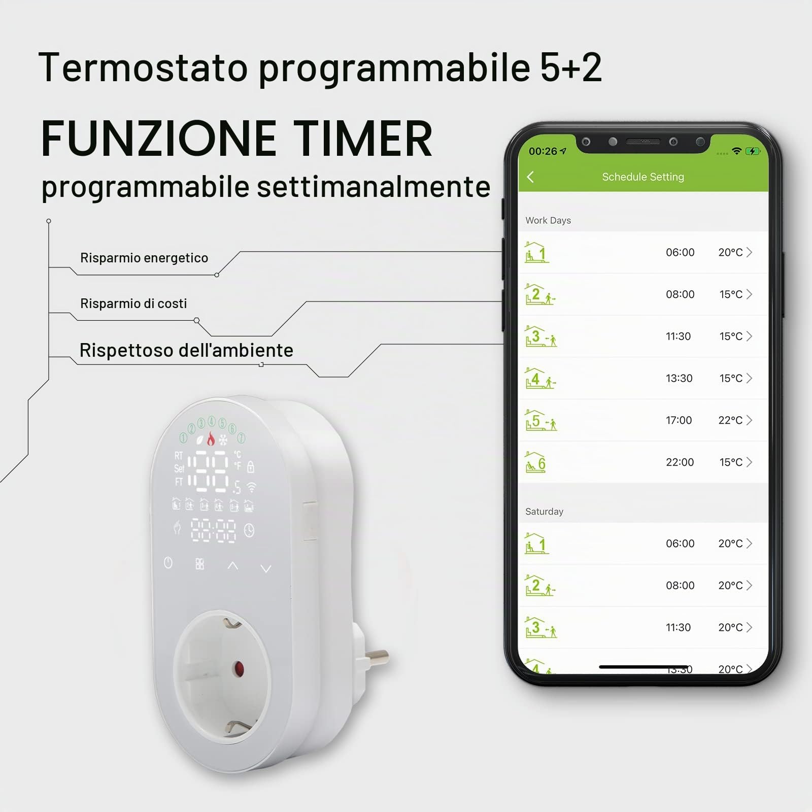 Presa Termostato Digitale di Raffreddamento e Riscaldamento, Termostato con Sonda,Presa con Termostato Wifi Alexa,Termostato Ambiente Programmabile,Cronotermostato Smart Wifi