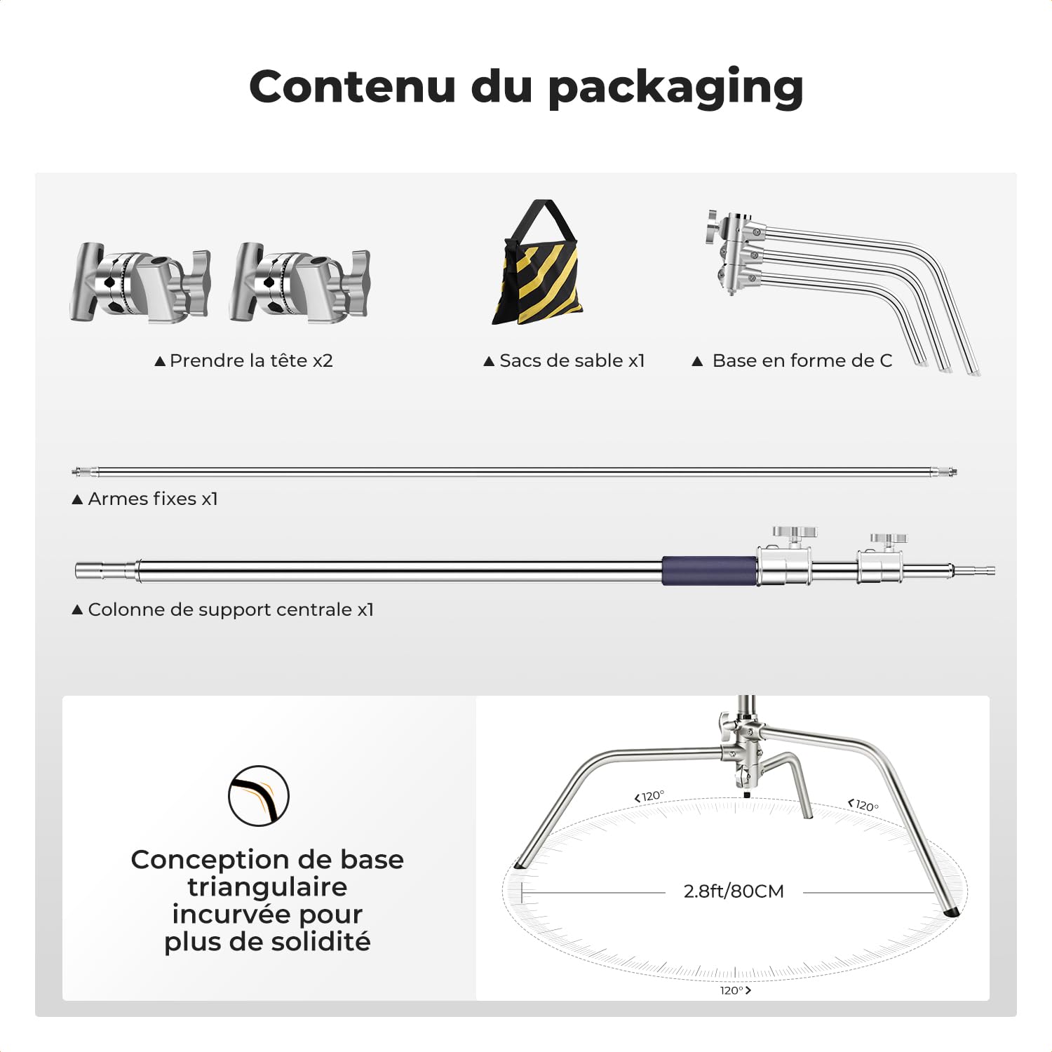 K&F CONCEPT Support C 330cm Acier Inoxydable pour Studio | Bras de perche réglable, 2 têtes poignée, charge 20kg, trépied lumière photo, avec sac sable, TL05