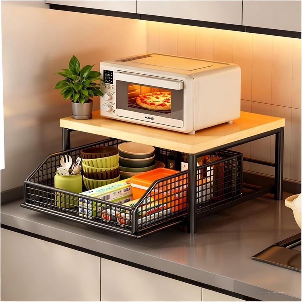 Extendable Microwave Oven Rack, Kitchen Microwave Countertop Stand,2 Tier Microwave Stand with Drawer Black for Kitchen Organizers and Storage, No Installation Required