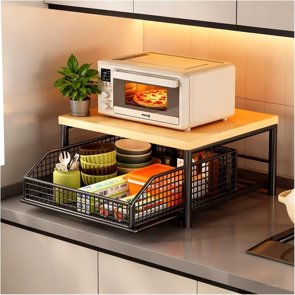 Organizzatore per Macchina da Caffè con Antenna Scorrevole Piano di Lavoro Scaffale Espositivo Alimenti Doppia Rack a Terra Adatto per Cucina Ufficio Salone Camera da Letto(Black,A)