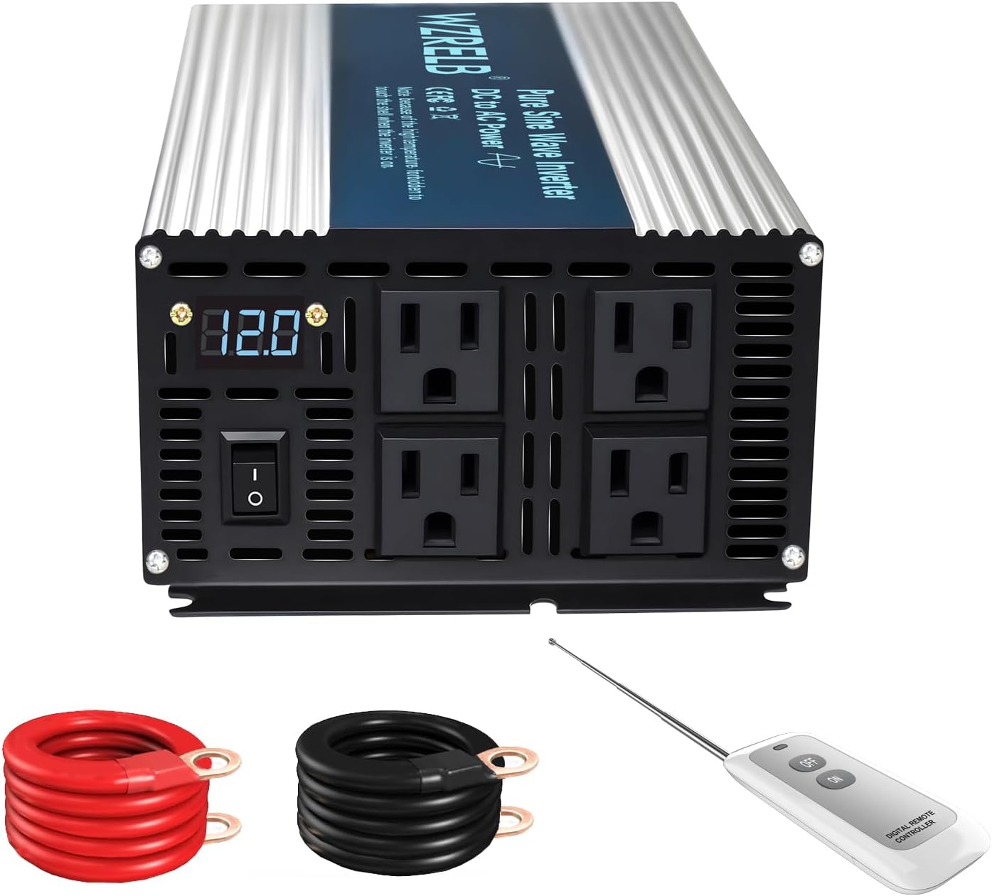 WZRELB 2000W Pure Sine Wave Inverter 12V DC to 110V 120V AC Power Converter with LED Display, Remote Controller, Off-Grid Power Inverter 4000W Surge with 4 AC Outlets,for Home, RV, Truck, Camping