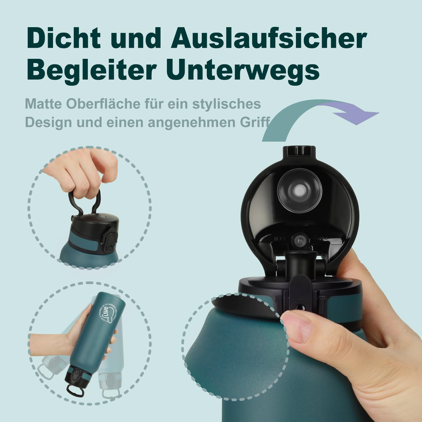 UZSPACE Edelstahl Trinkflasche 1l (970ml), Isolierte Thermosflasche mit 1-Klick-Öffnung, 100% Auslaufsicher, Sport Wasserflasche für Wandern Sport Fitness Gym Outdoor, Waldgrün