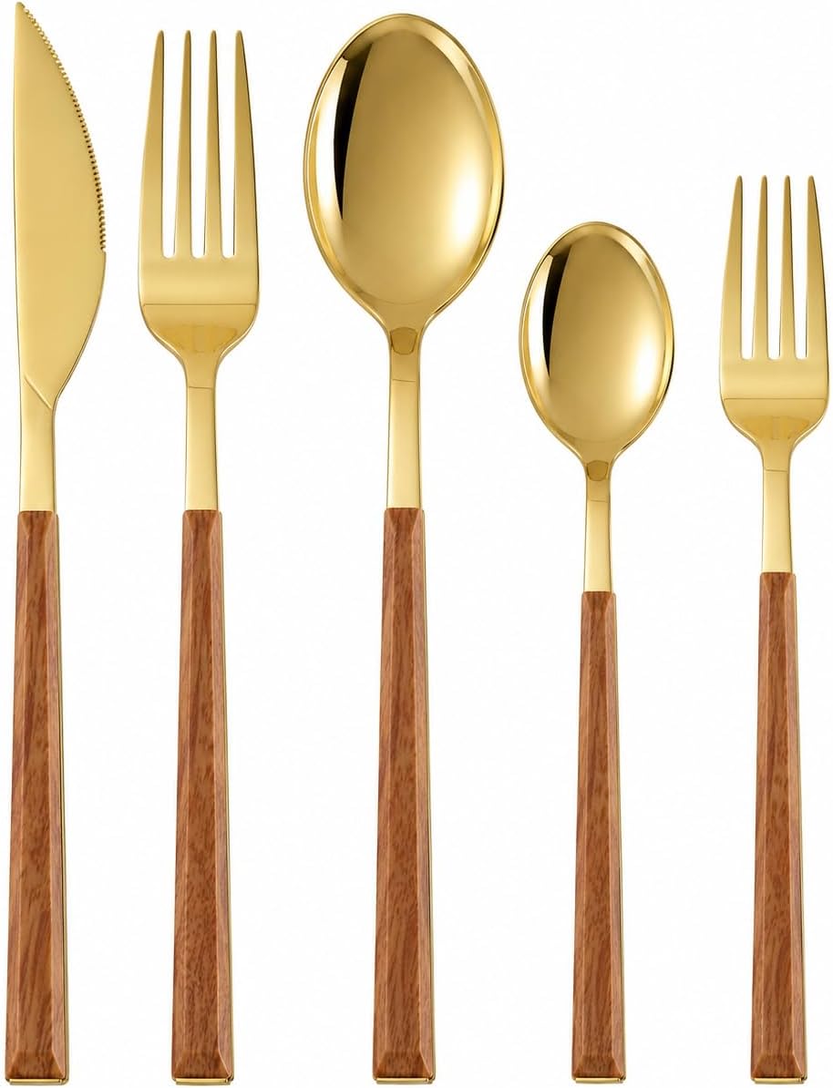 5-Piece Gold-Tone Flatware Set For 1, Faux Wood Grain Handles
