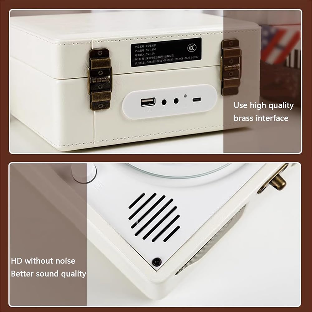 QUTBAG Lettore CD da Tavolo Portatile, Lettore Musicale CD retrò con Doppio Altoparlante Stereo, Ingresso AUX Jack da 3,5 mm, Custodia in Legno in Pelle Delicata per Anziani, Adulti, Bambini B
