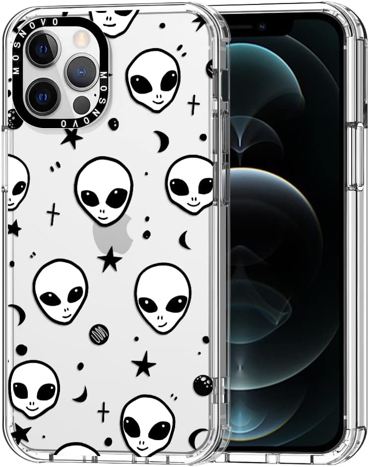 MOSNOVO Compatible with iPhone 12 Pro Max Case, [Buffertech™ 6.6 ft Drop Impact] [Anti Peel Off Tech] Clear TPU Shockproof Bumper Phone Case Cover with Cute Alien Designed for iPhone 12 Pro Max 6.7"