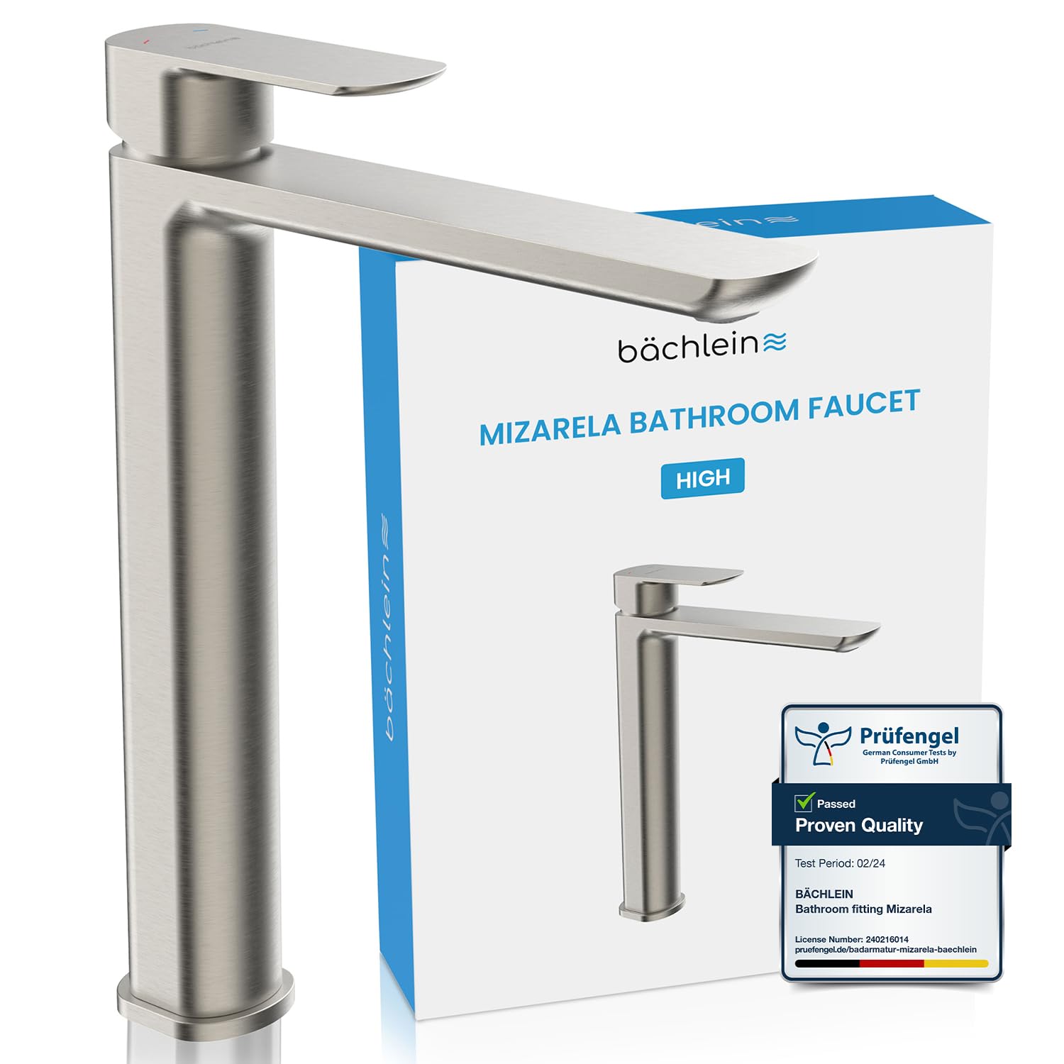 Bächlein Mizarela Classic Design, Extra High Single-Lever Mixer VOR Countertop Washbasin with Installation Set, Brushed Stainless Steel Bathroom Faucet - Classic High