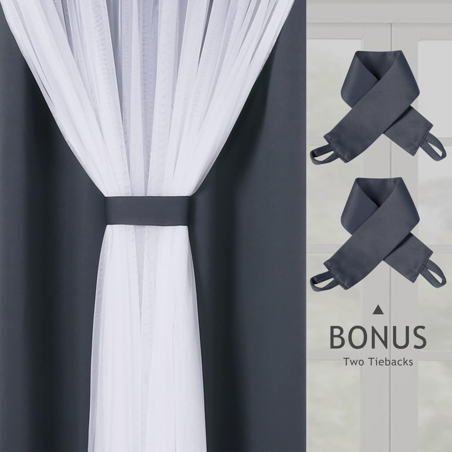BONZER Blackout Curtains with Sheer Overlay, Mix and Match Double Layer Thermal Insulated Window Panels for Living Room Girls Bedroom, 2 Drapes with Tiebacks Grommet Top, Grey, 38x84 Inch