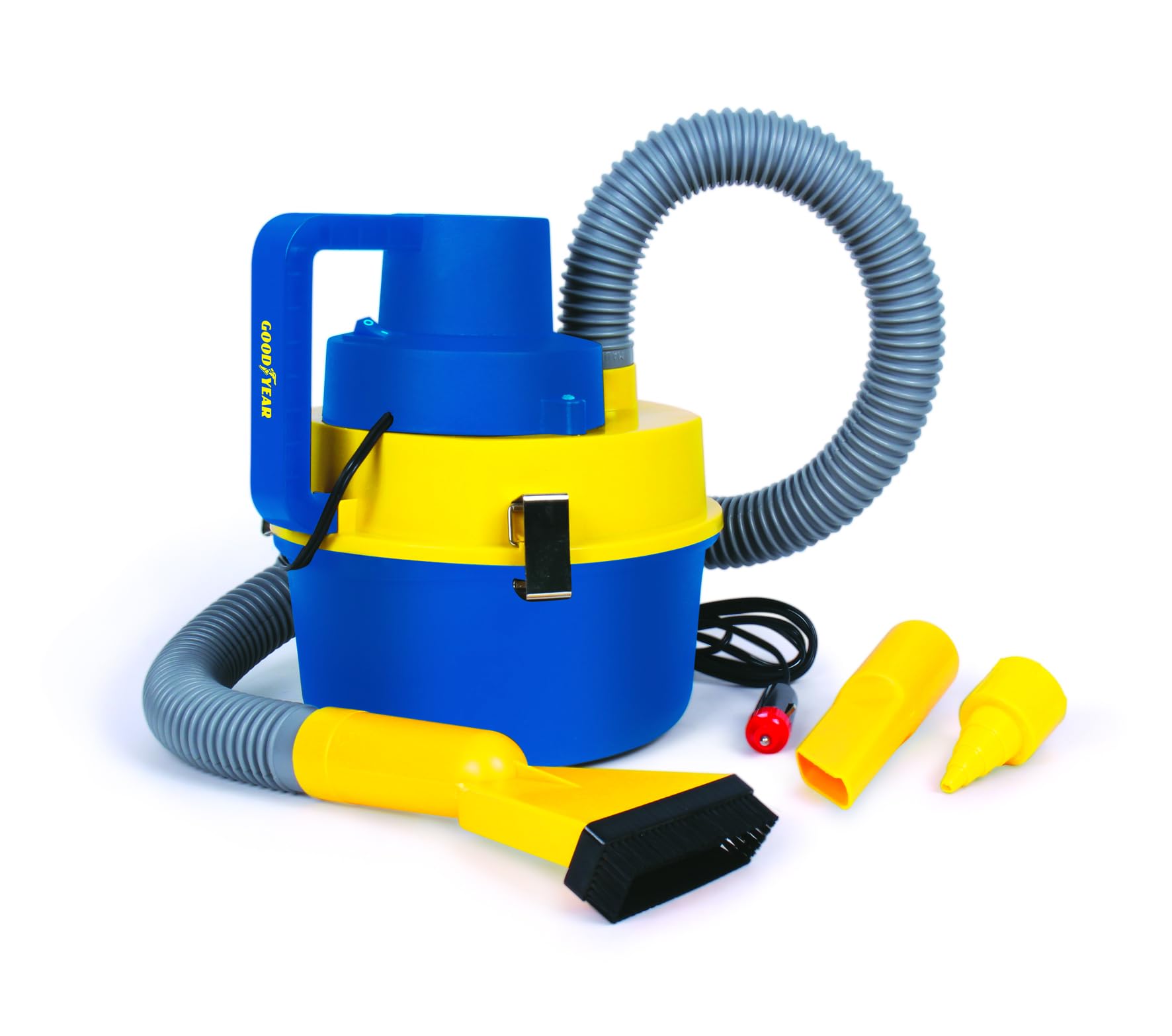 Goodyear, Aspirapolvere Auto Potente 120W a Bidone, Presa Accendisigari 12V con Cavo 2,5m, Bidone 3,5L, Doppia Funzione Gonfiaggio Materassini, Kit 3 Accessori Inclusi per Pulizia Profonda Senza Soste