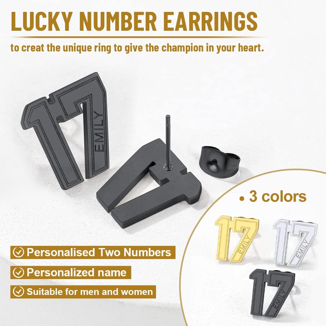 GoldChic Jewelry Sport Number Earrings for Men, Custom Name Stud Earrings For Sport Players Fans, Stainless Steel Baseball Basketball Football Soccer Volleyball Ear Jewelry Gift For Athlete