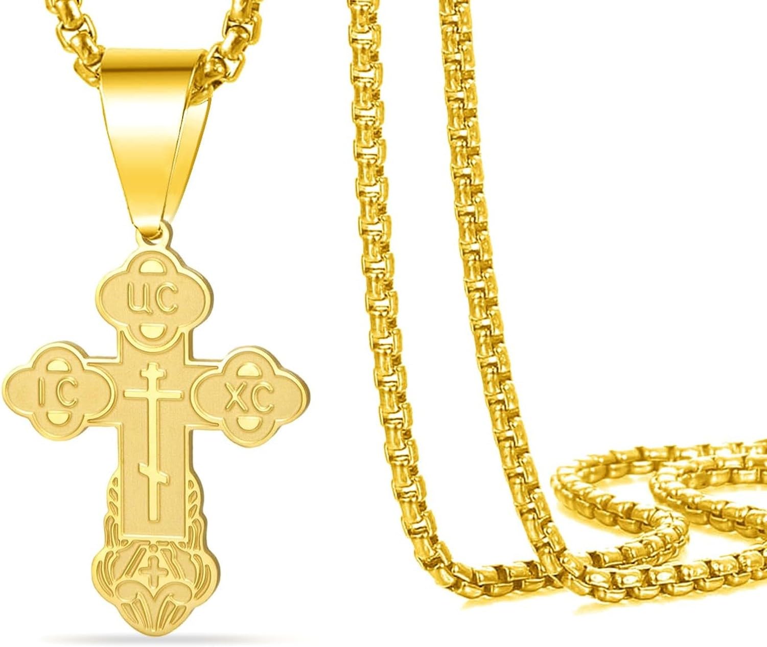 HURUMA Stainless Steel Eastern Orthodox Cross Crucifix Pendant Necklace for Men Women Jesus Byzantine Religious Pendant Christian Catholic Jewelry Gift, Gold 3