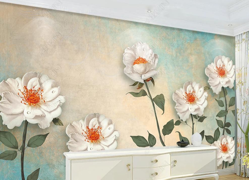 Papier peint intissé fleur blanche vintage 200x140 cm pour salon