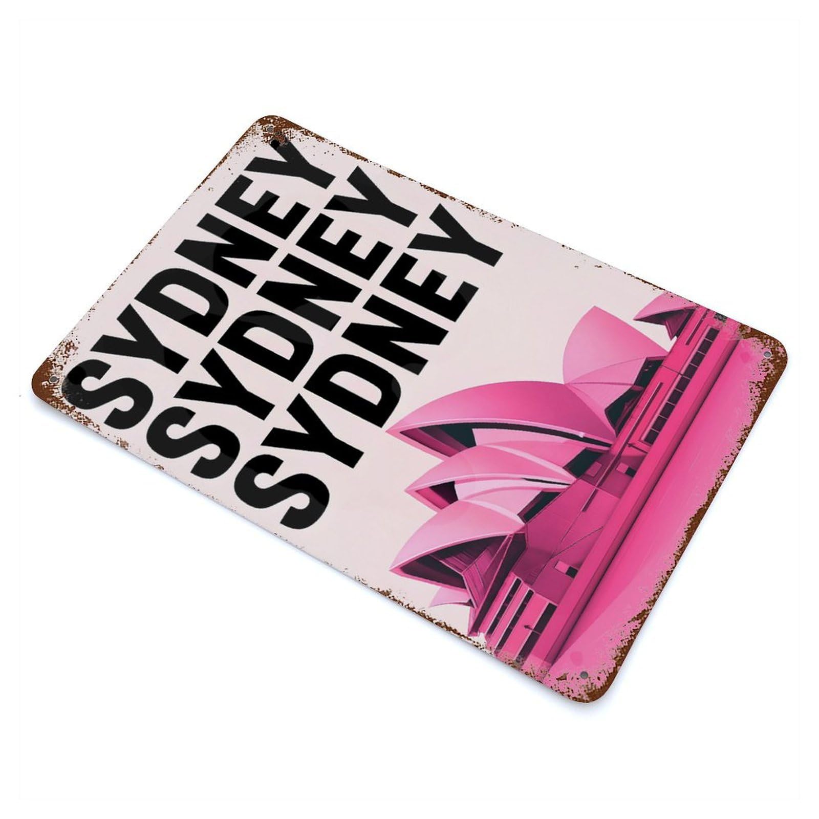 Sydney Opera House Pink 11.8"x7.9" Rust Effect Tin Sign, Decorative Metal Wall Art for Garage, Bar And Workshop Decor