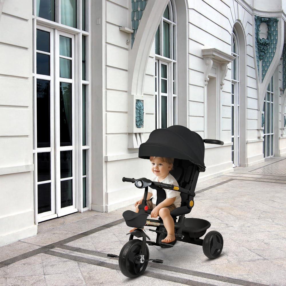 Tricycle Bébé évolutif 5 en 1 Vélo Poussette Bébé avec Siège Pivotant à 360°, Poignée de Poussée, Auvent Amovible, Ceinture de Sécurité à 3 Points, Rangement, 1 à 5 Ans (Noir, 5 en 1)
