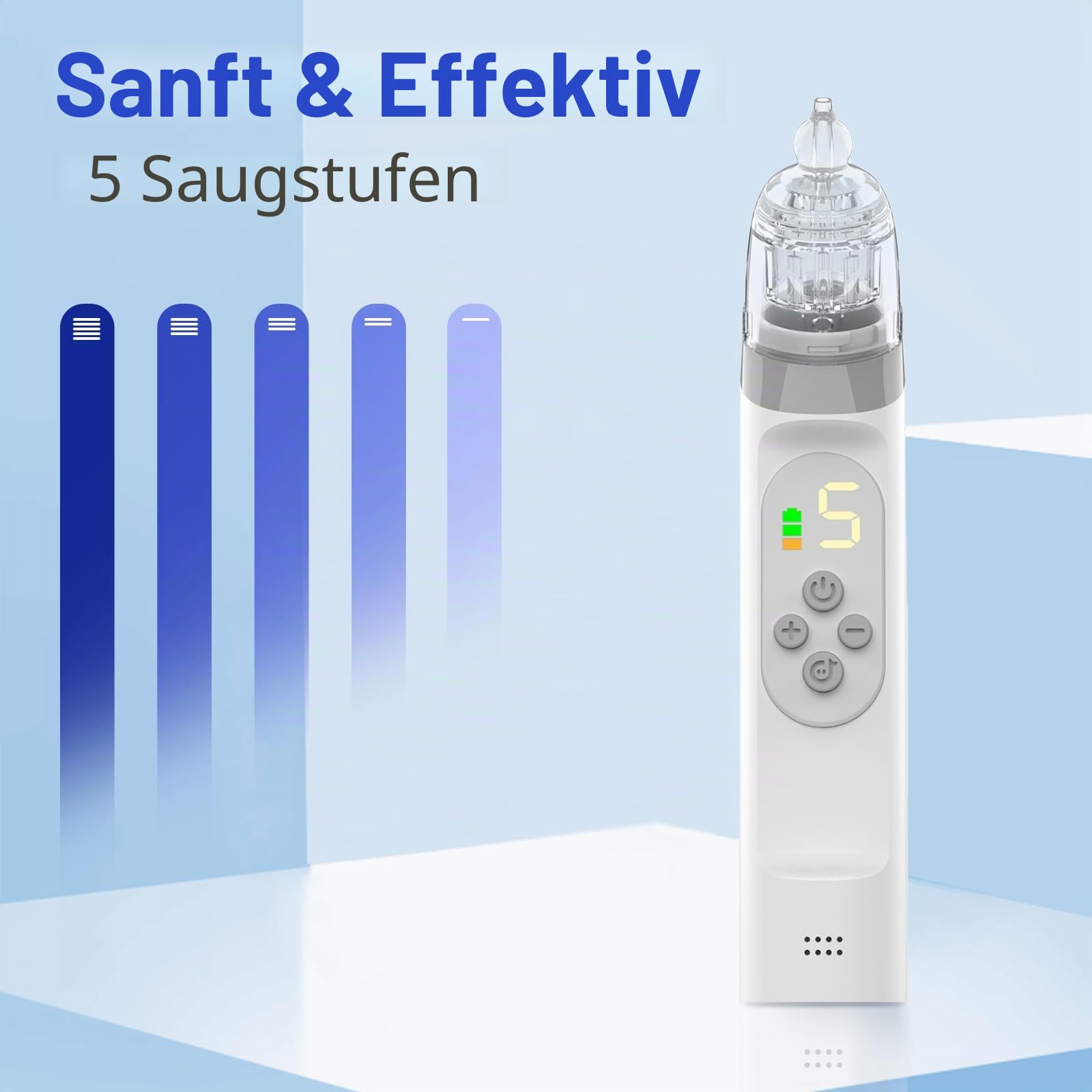 Nasensauger Baby, Baby Nasensauger mit 3 Silikonspitzen und 5 Einstellbaren Saugstufen, Anti Rückfluss Nasenreiniger mit Musik & Licht Beruhigend, Wiederaufladbar für Neugeborene und Kleinkinder