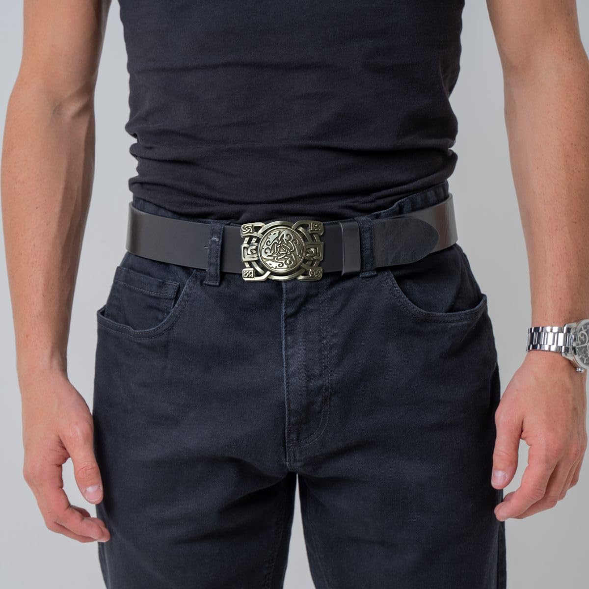 Ceinture en cuir de vachette avec fermoir celtique 40 mm | Ceinture en cuir avec boucle celtique pour homme et femme 4 cm | Ceinture en cuir avec boutons-pression 4 cm