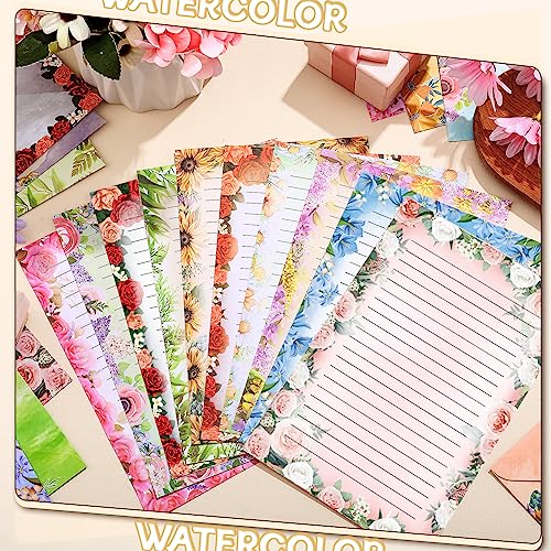 Image of TaoBary 160 Pcs Flower Stationery Paper and Envelopes Set 50 Double Sided Lined Stationery Paper with 50 Matching Envelopes and 60 Round Dot Sticker 5.5 x 8.25'' Letter Writing Kit, 10design