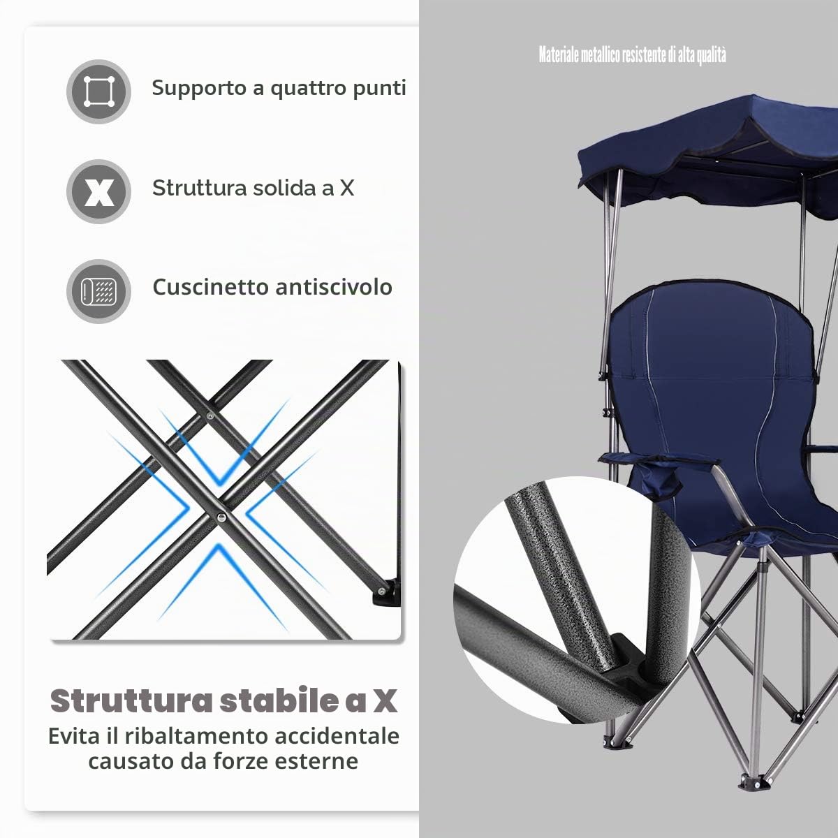 KOMFOTTEU Sedia da campeggio con baldacchino, sedia da spiaggia e da spiaggia, pieghevole, sedia da pesca con portabicchieri e borsa, sedia pieghevole per esterni, fino a 130 kg (blu)