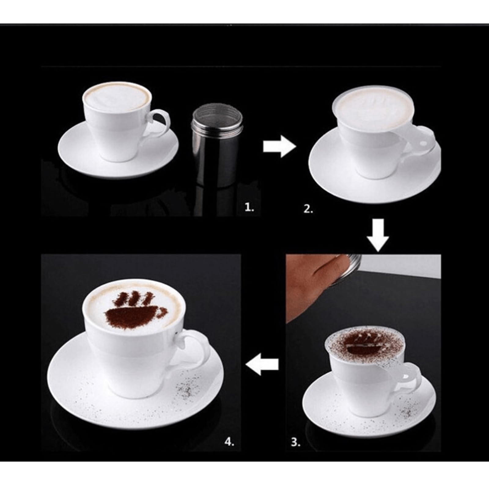 Tamis à cacao en acier inoxydable avec 16 pochoirs pour cappuccino, chocolat chaud et sucre glace