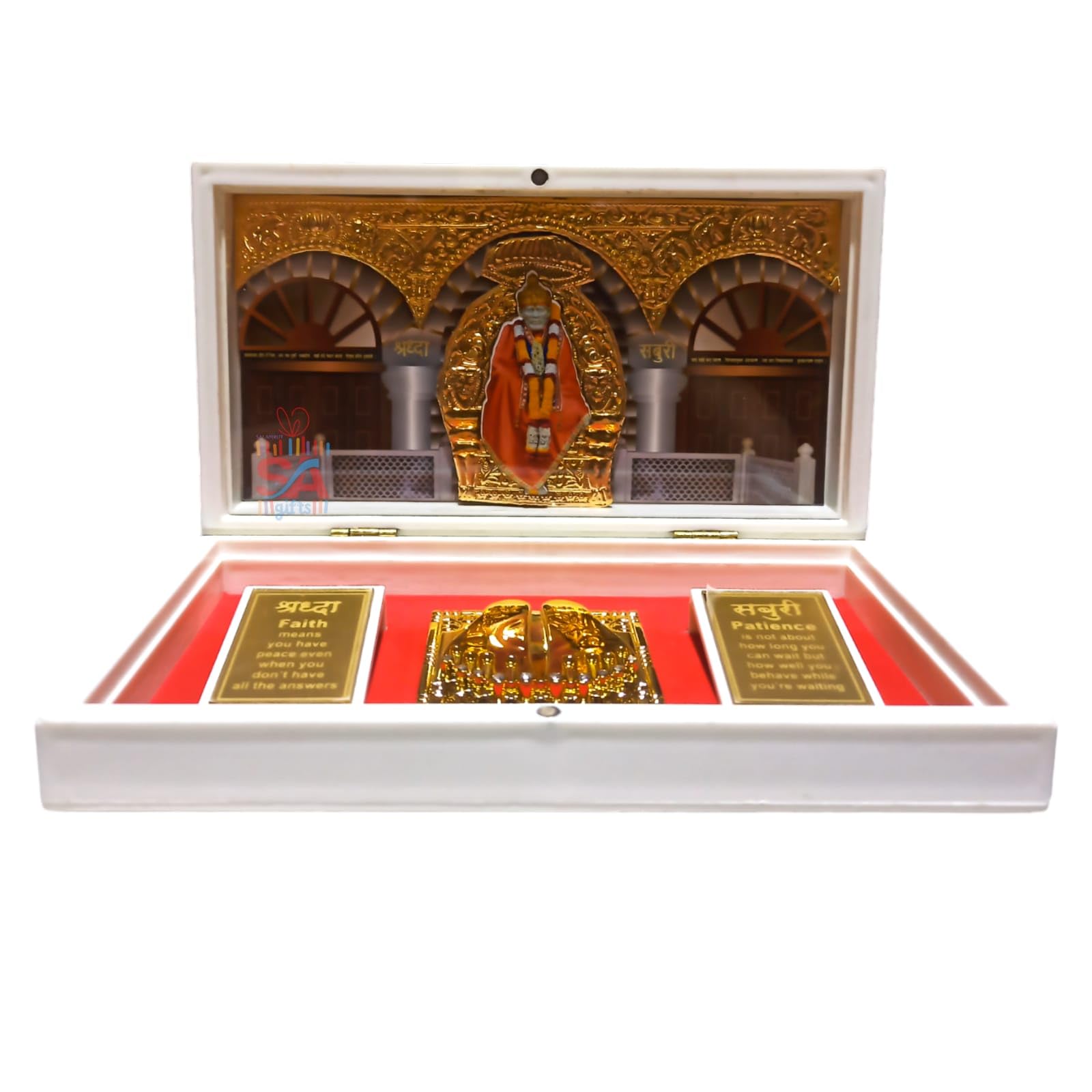 S A GIFTS Sai Amrut Sadguru Sai MDF Wooden Acrylic Decorative Sai Baba Photo Frame with Charan Paduka (Gold plated (4×6Inch))